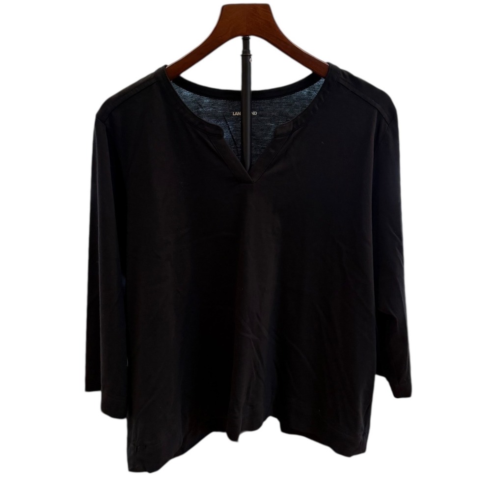 Lands‎ End Black V Neck 3/4 Sleeve Casual Tunic Top Women's Size L 14-16 Cotton